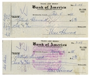 Moe Howard Lot of Two Checks Signed, Both Made Out to Shemp's Wife Gertrude Howard -- Dated 5 February 1958 and 8 March 1958 -- -- Measure 7'' x 3'' -- Very Good Condition